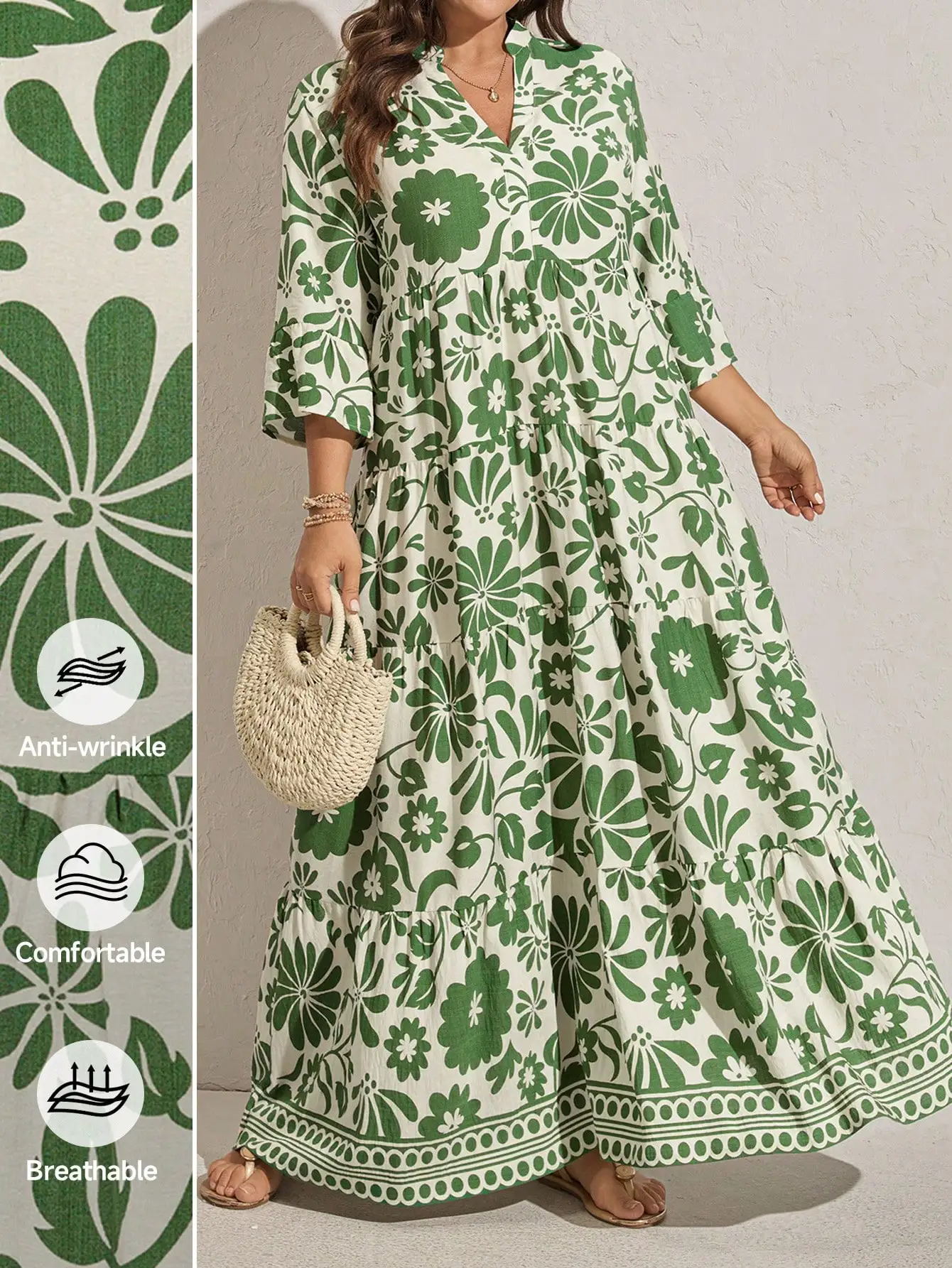 

Plus Size Women Floral Print Flare Sleeve Tiered Maxi Dress Beach Vacation Summer Dress