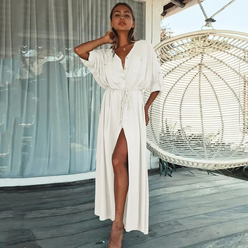 Costume da bagno Cover Up donna caftano camicia lunga abito da spiaggia in cotone abbottonato elegante Cardigan Vestido Playa costumi da bagno