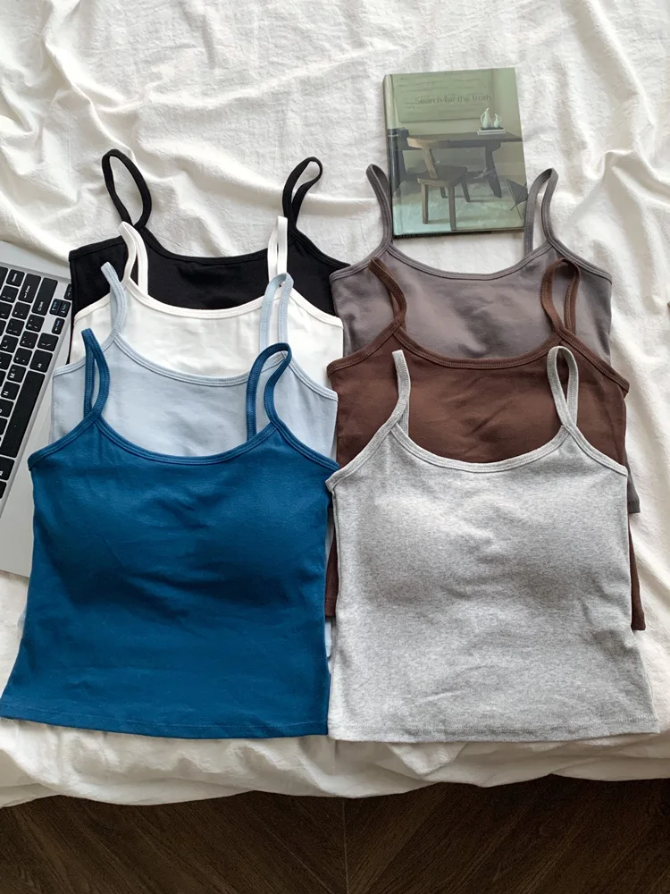Pure Color Thin Strap Vest Breathable Gathered Back Tank Top Women's Mid-Length Slimming Bra-Free Underwear Tank Top