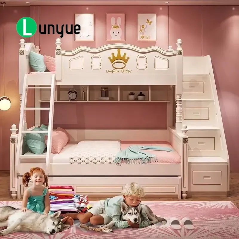 Castle Princess Kids Bunk Bed with Storage Stairs and Slide for Girls Bedroom White Gold Trim Trundle Bed Multi-functional