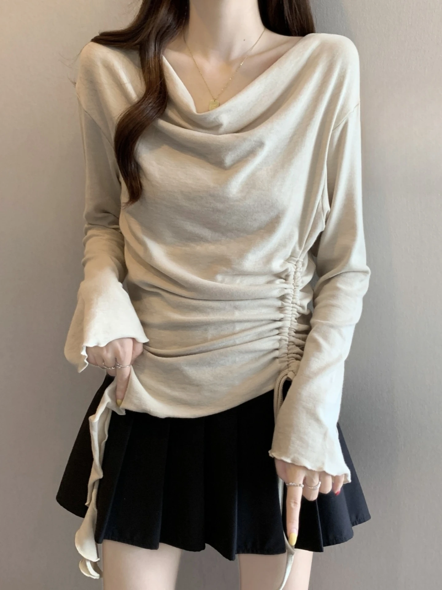 Long Sleeve Bell Bottom T-Shirt Women's Spring Autumn plus Size Drawstring Short Top Creative Commute Style Korean Version