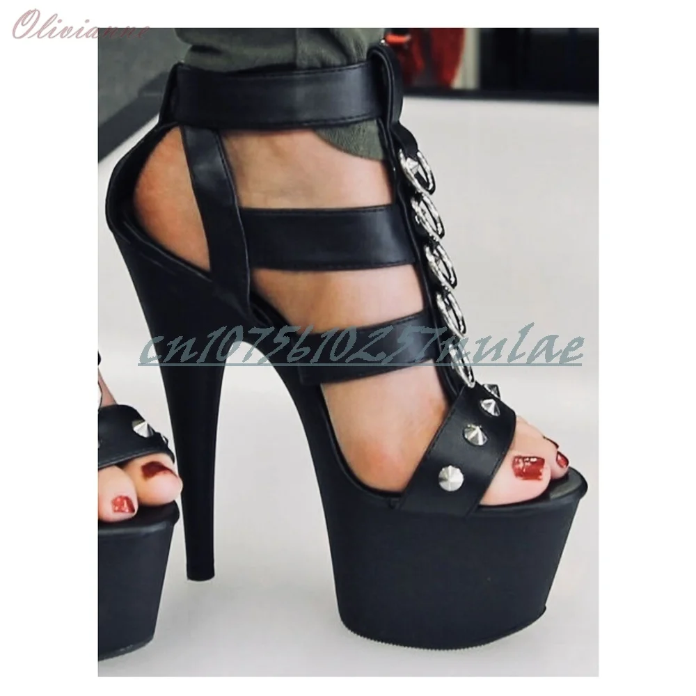 Black Leather Studded Ring Gladiator Sandals Platform Stiletto High Heel Gothic Punk Shoes for Clubwear Women Shoes Performance
