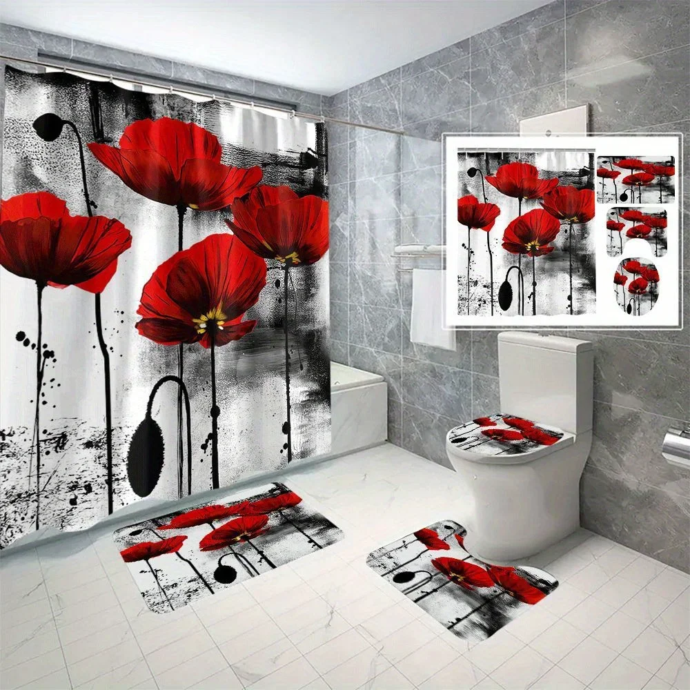 

4 шт., красные цветы, цифровая печать, полиэстер, водонепроницаемая занавеска для ванны, без перфорации, перегородка для ванной комнаты, набор из четырех предметов