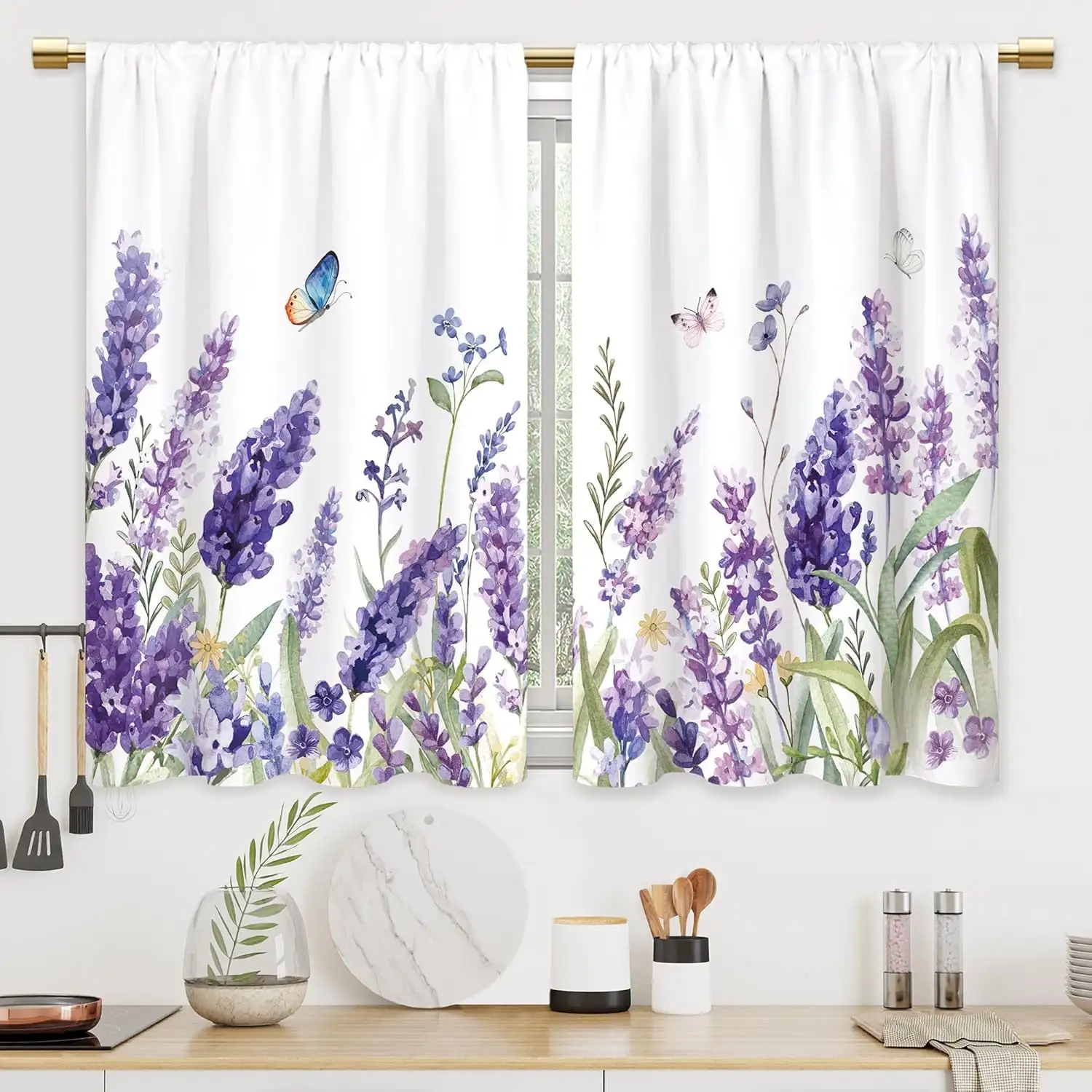 2pcs Curtains Peach Skin Polyester Purple Lavender Flower Butterfly Rustic Plant Cafe Short Drapes for Kitchen Bathroom Bedroom
