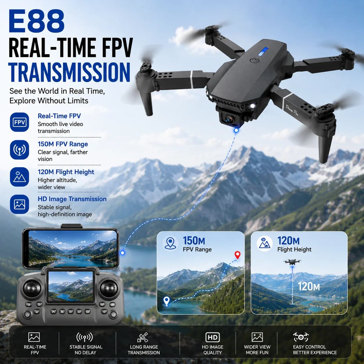 （NEW）E88 Toy Remote Control Flying Mini Portable Drone HD Aerial Photography Smart Hover Helicopter Remote Control Quadcopter