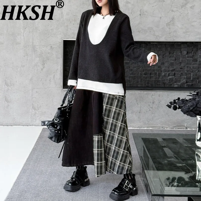 

HKSH 2025 Autumn New Women's Fake Two-Piece Long Sleeve Color Block Tops Elastic Waisted Denim Patchwork Plaid Y2K Skirt HK16114