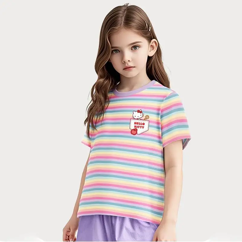 

Sanrio Hello Kitty Girl Student Summer Suit Short Sleeve Shorts Cartoon Printing Comfort Children Motion Tops Kawaii New Style