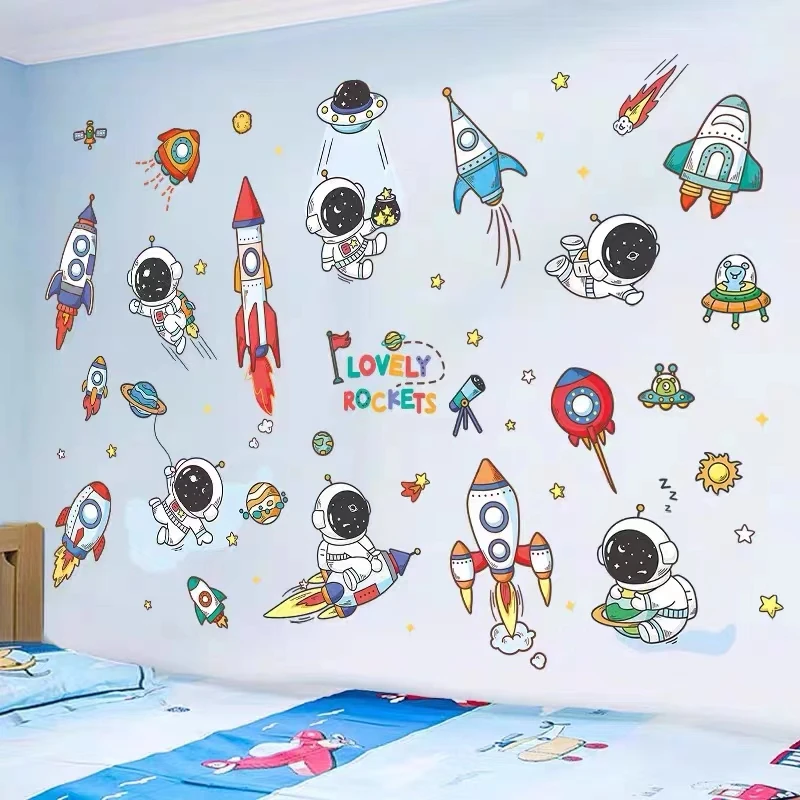 DIY Space Astronaut Wall Decal Boys\' Room Wall Decal  Decorative Children\'s Room Cosmic Sky Background Wall Art Wallpaper