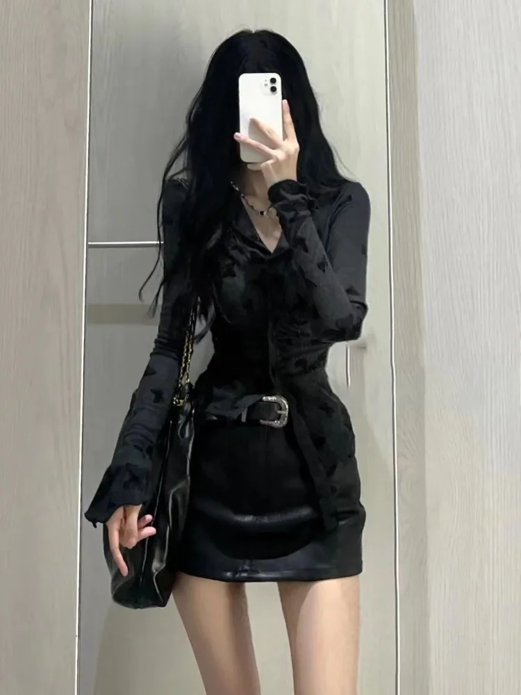 Butterfly Print V-neck Long Sleeve Shirts Women+ Y2k E-Girl High Waist Black Leather Skirts 2024 Summer New Two Piece Sets