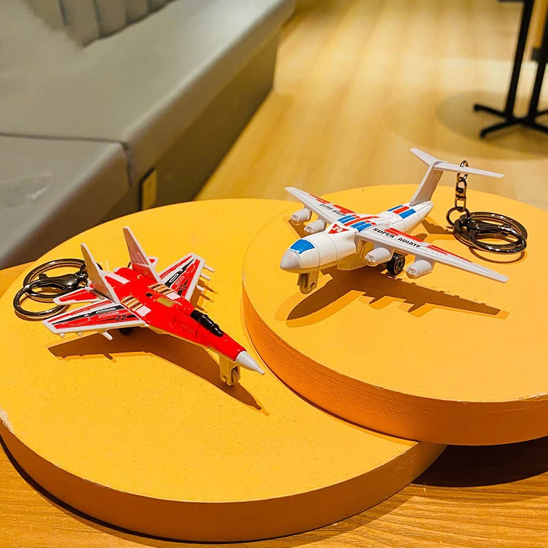 Cartoon Mini Flying Airplane Model Keys Chain Cool Alloy Simulation Fighter Jet Kids Toy Car Keychain Gift Student Bag Pendant