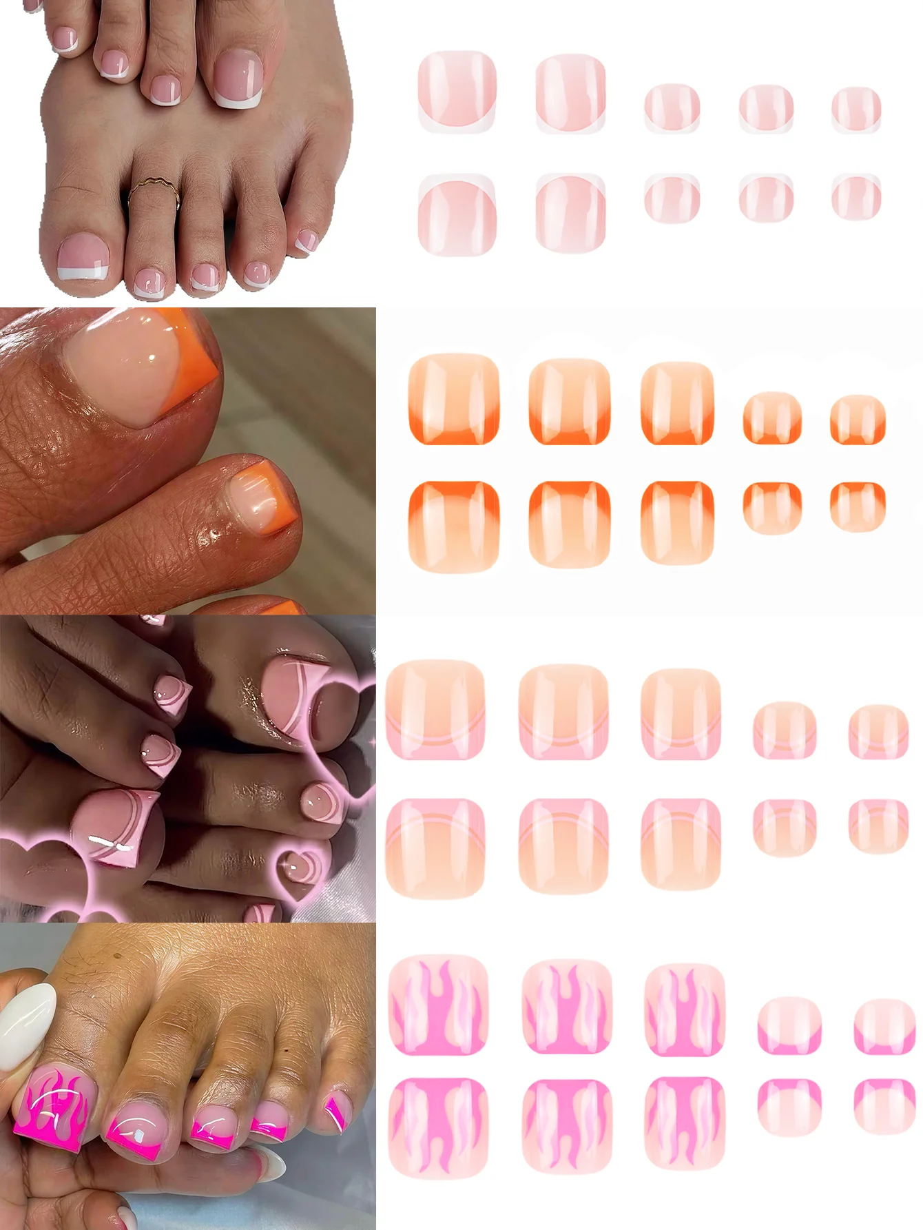96Pcs Short Square Press On Toenails Flame French/Double Layer Pink French/Orange French/White French Glossy Fake Toenails Full