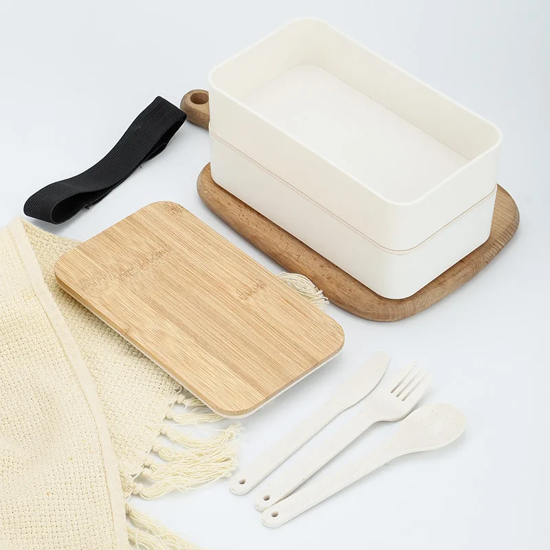 New Japanese Style Bento Box, Minimalist Double-layer Lunch Box with Knife, Fork, Spoon, Divided Student Lunch Box