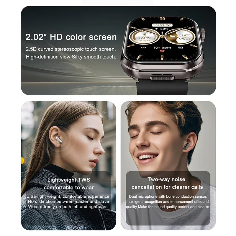 New TWS Smart Watch Build in Earbuds 2.02inch Screenrt 2 IN 1 Wireless Earphones Blutooth Call Health Monitoring Smartwatch