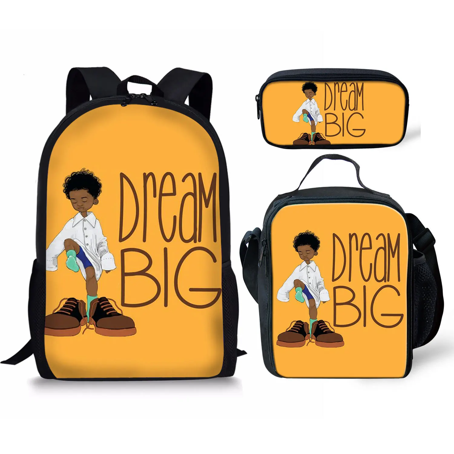 Hip Hop Youth black African boy 3D Print 3 pcs/Set, bolsas de viaje para estudiantes, mochila para portátil, bolsa de almuerzo, estuche para lápices