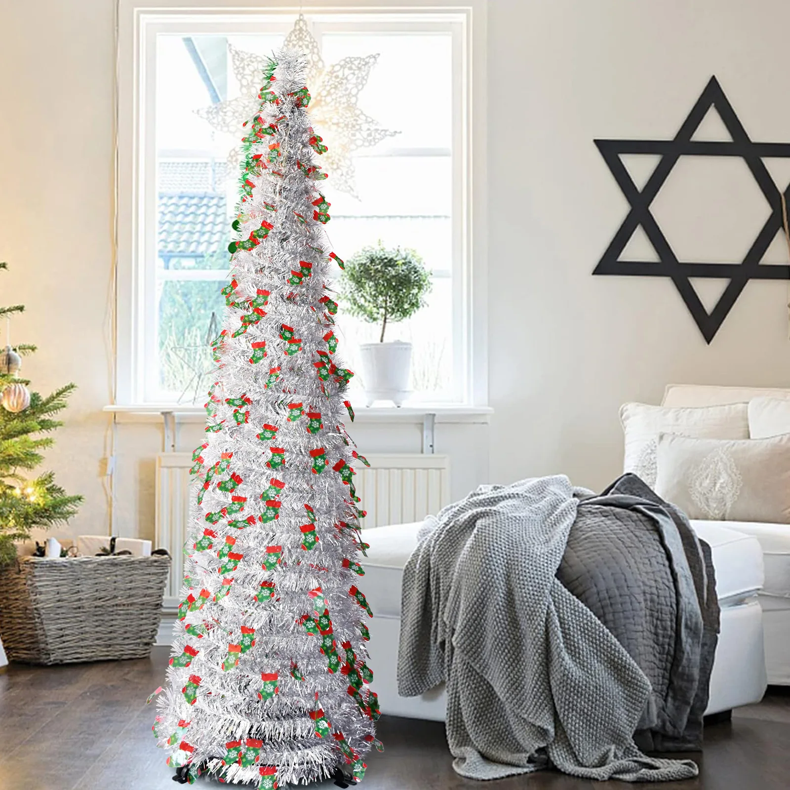 

Romantic Silver Telescopic Christmas Tree Decorations with Retractable Stockings Folding Festive Party Christmas Tree Ornament