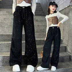 Sequins Girls Spring Pants Children Autumn Casual Trousers 2025 New Kids Wide-legged Straight Pants Teenager Sports Clothing