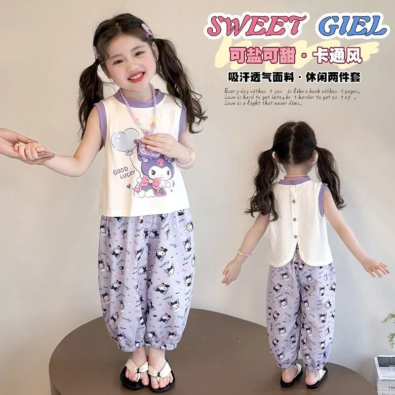

Sweet Kuromi Anime Kawaii Sanrio Short Sleeve Pants Set Summer Cute Baby 2025 New Children Vest Mosquito Repellent Pants Gifts
