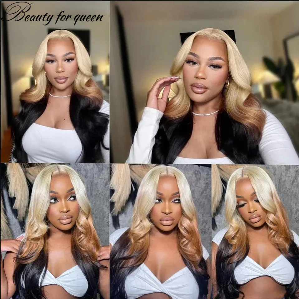 ﻿ 613 Ombre Blonde Highlight Brown Colored Lace 13x4 Lace Frontal WigHuman Hair Wig 100% Beautiful Girls Wearing Wigs Are Great