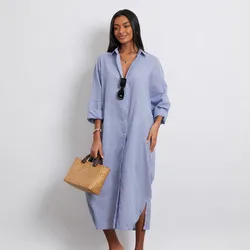 WPNAKS Women Loose Shirt Dress Spring Autumn Clothes Long Sleeve Turn-down Collar Striped Casual Long Dress Streetwear