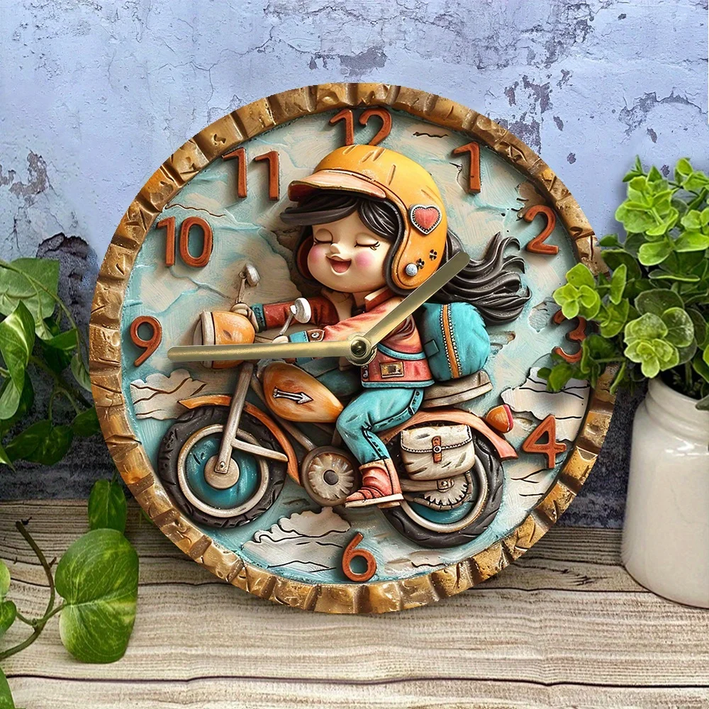 Motorcycle Girl 2D Wall Clock - DIY Assembly Kit with High-Definition Printing for Dormitory Wall Decoration, Unique Gift