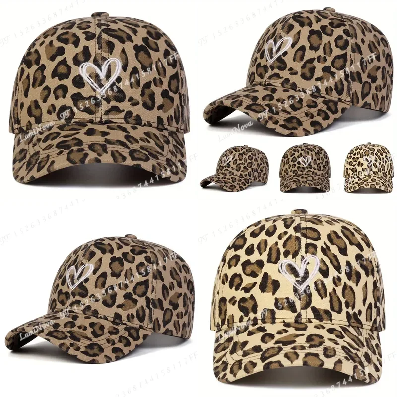 Women Leopard Print Heart Embroidery Baseball Cap Adjustable Outdoor Fashion Casual Hat for Spring Summer Travel Beach