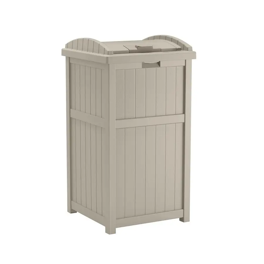 

Hideaway Outdoor Trash Can with Lid 30 Gallon Trash Can, Light Taupe, Decorative WickerStyle Garbage Bin, WeatherResistant Resin