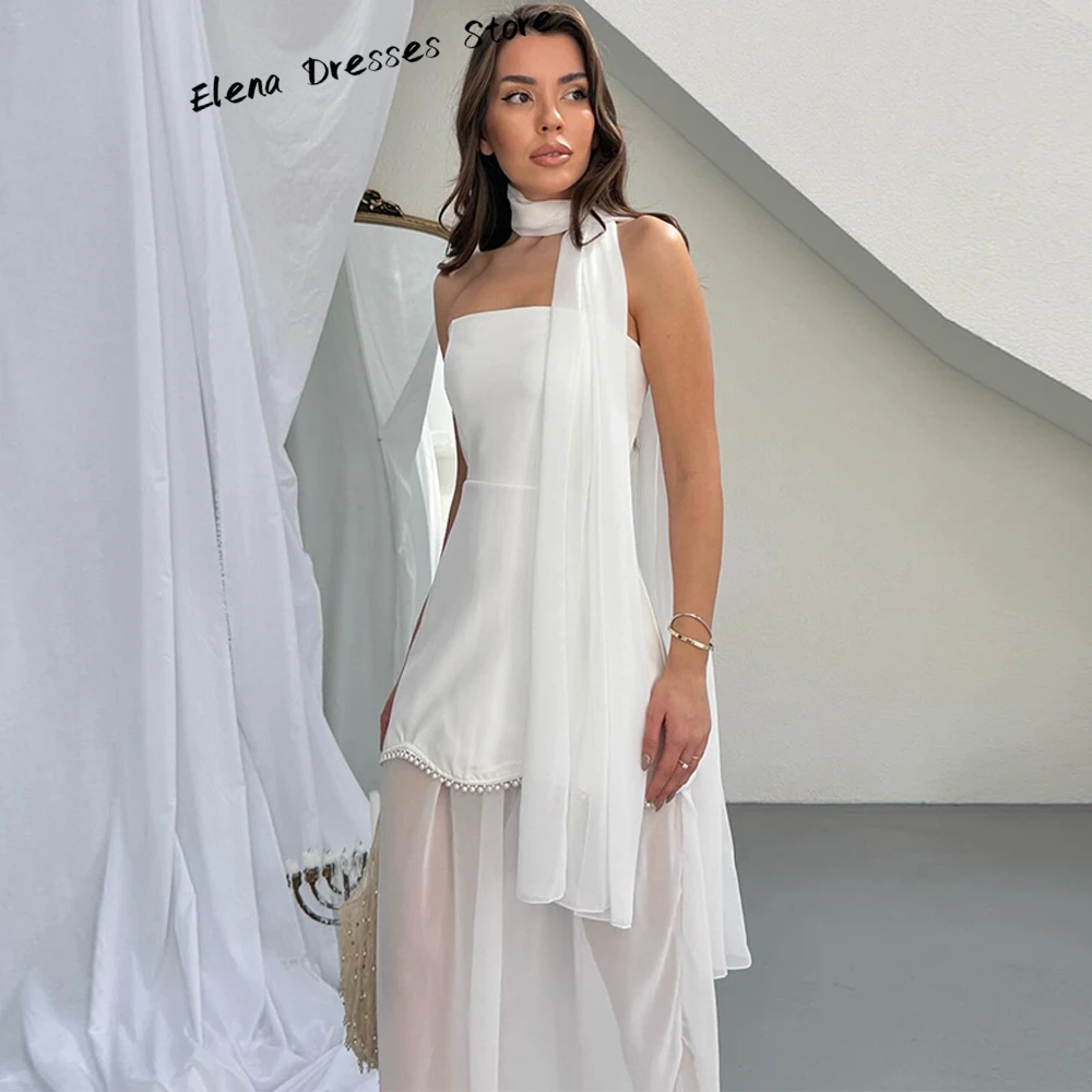 Maßgeschneidertes weißes, trägerloses, ärmelloses Abendkleid im A-Linien-Schnitt mit Perlen, Promi-Kleid, modisches Partykleid mit Reißverschluss am Rücken – Detail 5