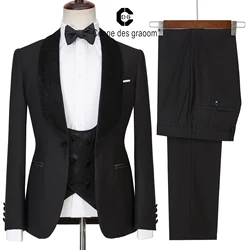 Cenne des graoom novos ternos masculinos de veludo preto lapela baile smoking 3 peças conjunto único breasted para casamento banquete jantar festa masculino