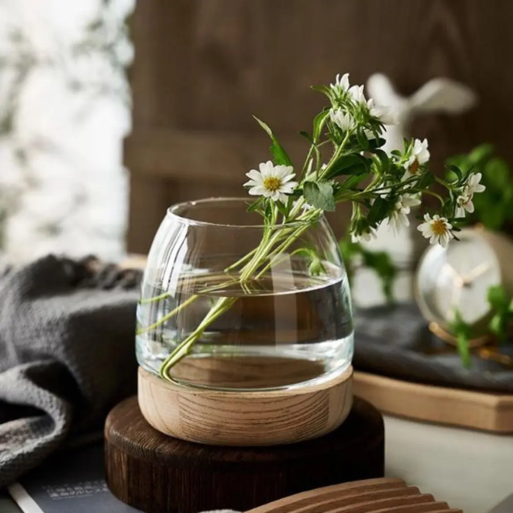 Round Circular Wooden Bucket Tank Simple with Wood Base Transparent Glass Fish Tank Decorative Glass Planter Hydroponic Vase