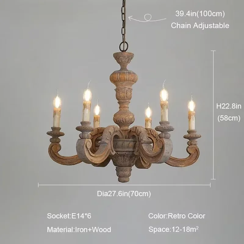 Europese vintage hanglamp van hout, retro kroonluchter voor boerderijstijl, met gegraveerde kaarsen, voor woonkamer en slaapkamer.