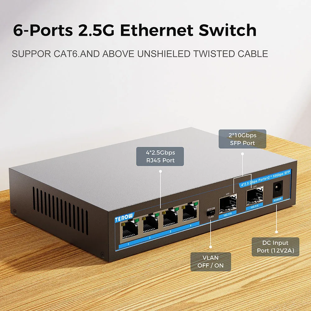 TEROW 2.5Gbe Ethernet Switch 2500Mbps Network Switch 2.5GBASE-T 4 Port 2.5G RJ45 with 2 Port 10G SFP Switch Unmanaged NO POE