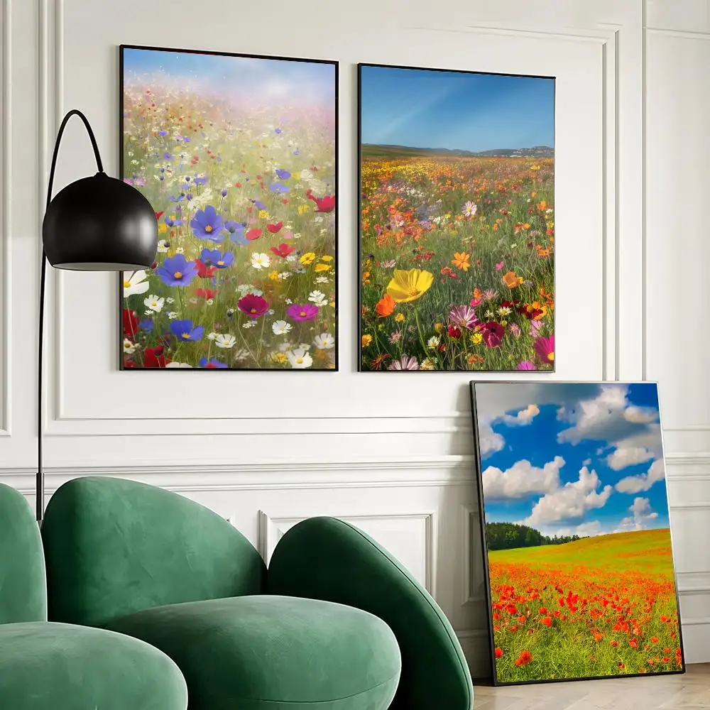 Vibrant Field of Colorful Flower Poster Waterproof Wall Art Sticker for Home Bar Decoration, Self-Adhesive Room Wall Decor Mural