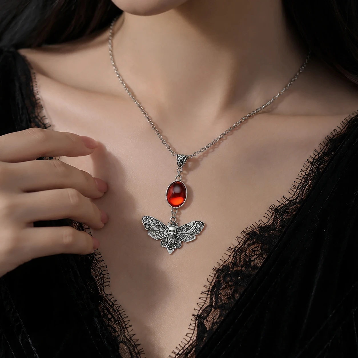 Gothic Death Head Moth Skull Necklace Vintage Red Crystal Pendant Necklace Punk Dark Halloween Neck Jewelry