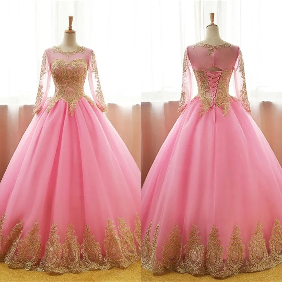 

Evening Dress Pink Tulle Gold Appliques O-neck Long Sleeve Floor Length Plus size Vestido de novia Women Formal Party Gown CH238