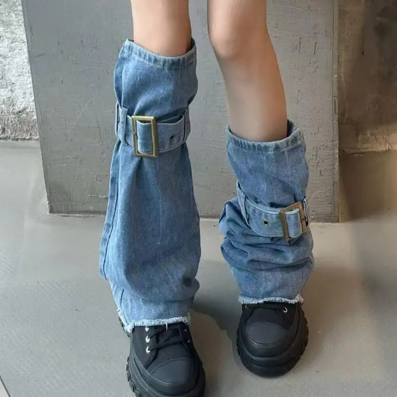 Women Punk Buckled Straps Blue Leg Covers Washed Jeans Leg Warmer Flared Socks 6XDA