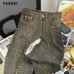 Brown American Retro High Street Casual Overalls Leopard Print Wide Leg Pants For Women Y2k Hip-hop Cargo Grunge Baggy Trousers