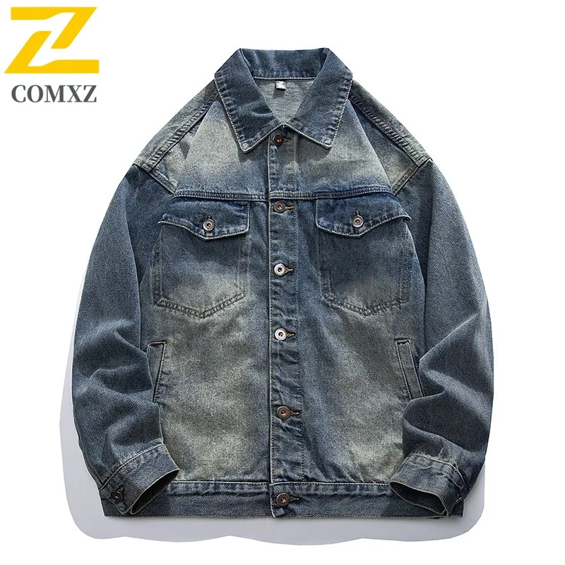 

COMXZ Mens Cotton Denim Jacket Autumn New Leisure Workwear Motorcycle Coat High-end American Fashion Black Washed Denim Jackets