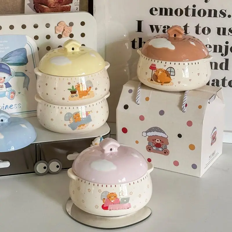 Cute Cat Double Eared Ceramic Steaming Egg Bowl Heat-resistant and Water-resistant Stew Pot Household Steaming Egg Soup Artifact