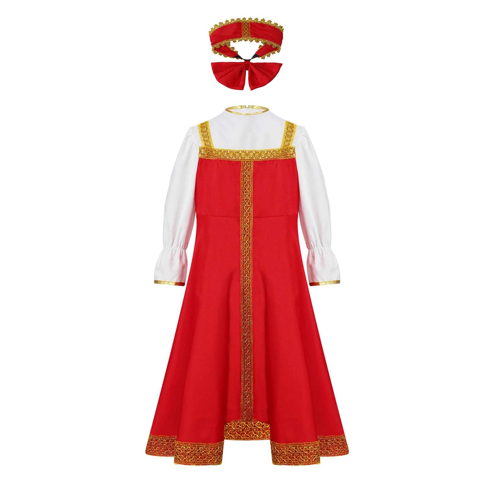 Kids Girls Russian Traditional Costume Red Puff Sleeve Gold Embroidery Knee Length Dress+Headpiece Halloween Cosplay Party Dress