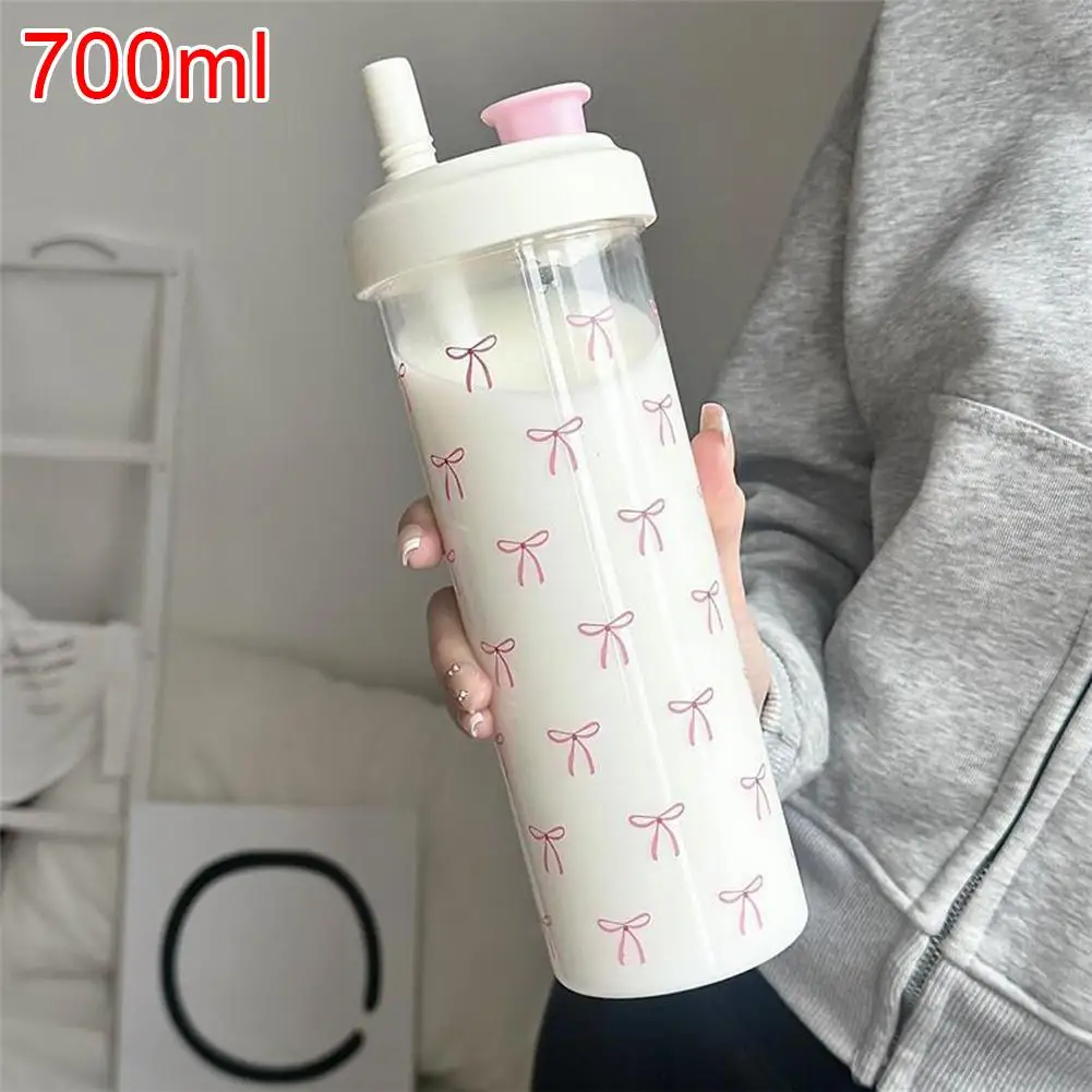 500/700ml 귀여운 리본 물컵, 빨대 포함, 커피 버블티 플라스틱 컵, 대용량 소녀용 물병 빨대컵