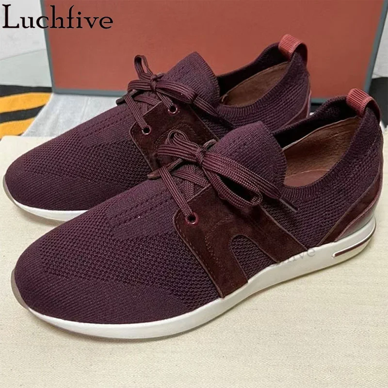 Plus Size Knitted Flat Shoes Women Casual Lace up Slip On Sneakers Shoes Multicolor Round Toe Luxury Brand Walking Shoes Unisex