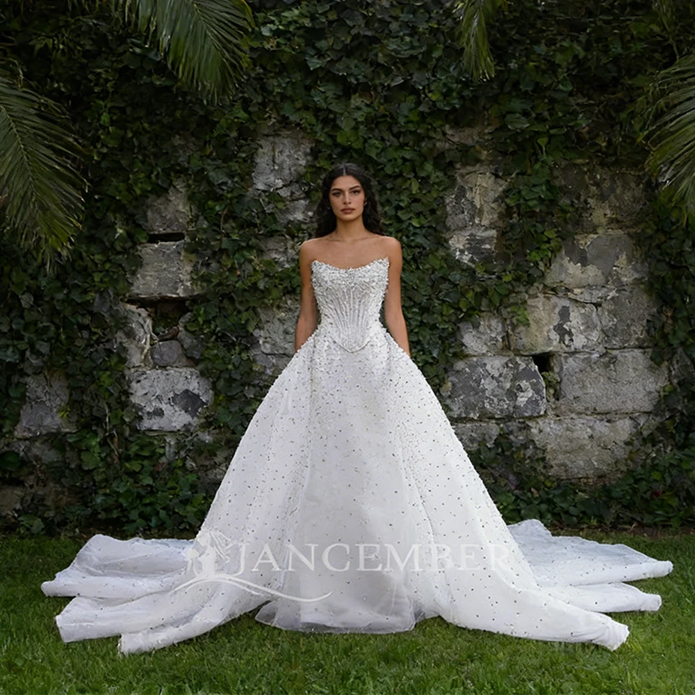 Neu eingetroffenes Brautkleid mit Muschelkanten und perlenbesetzten, abnehmbaren Ärmeln, maßgeschneidertes Hochzeitskleid, Vestidos de Novia Boda, abnehmbarer Schleppe
