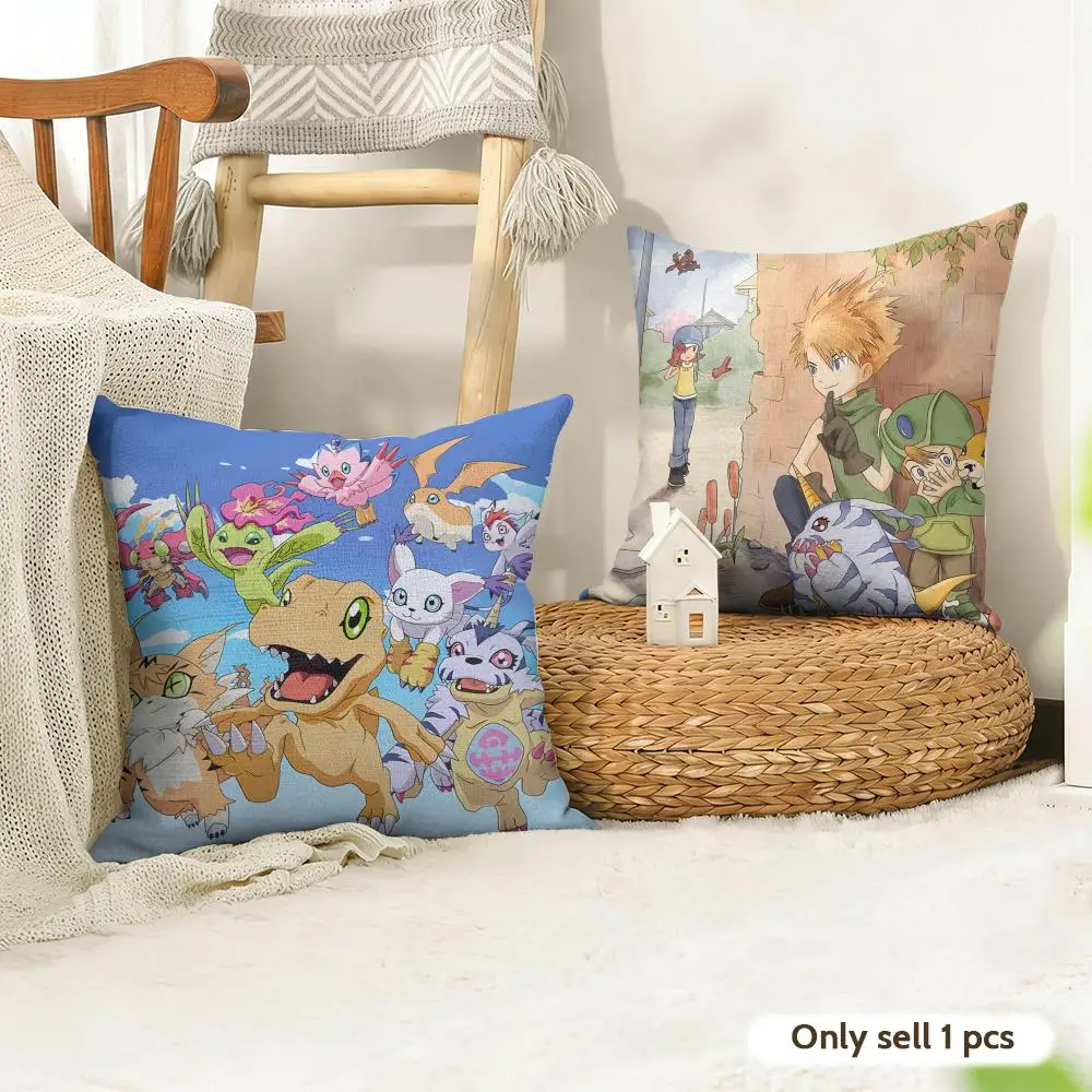 Anime D-Digimon A-Adventure Cushion Cover Natural Linen Organic Fabric Double-Sided Printing Room Sofa Decor Pillow Case