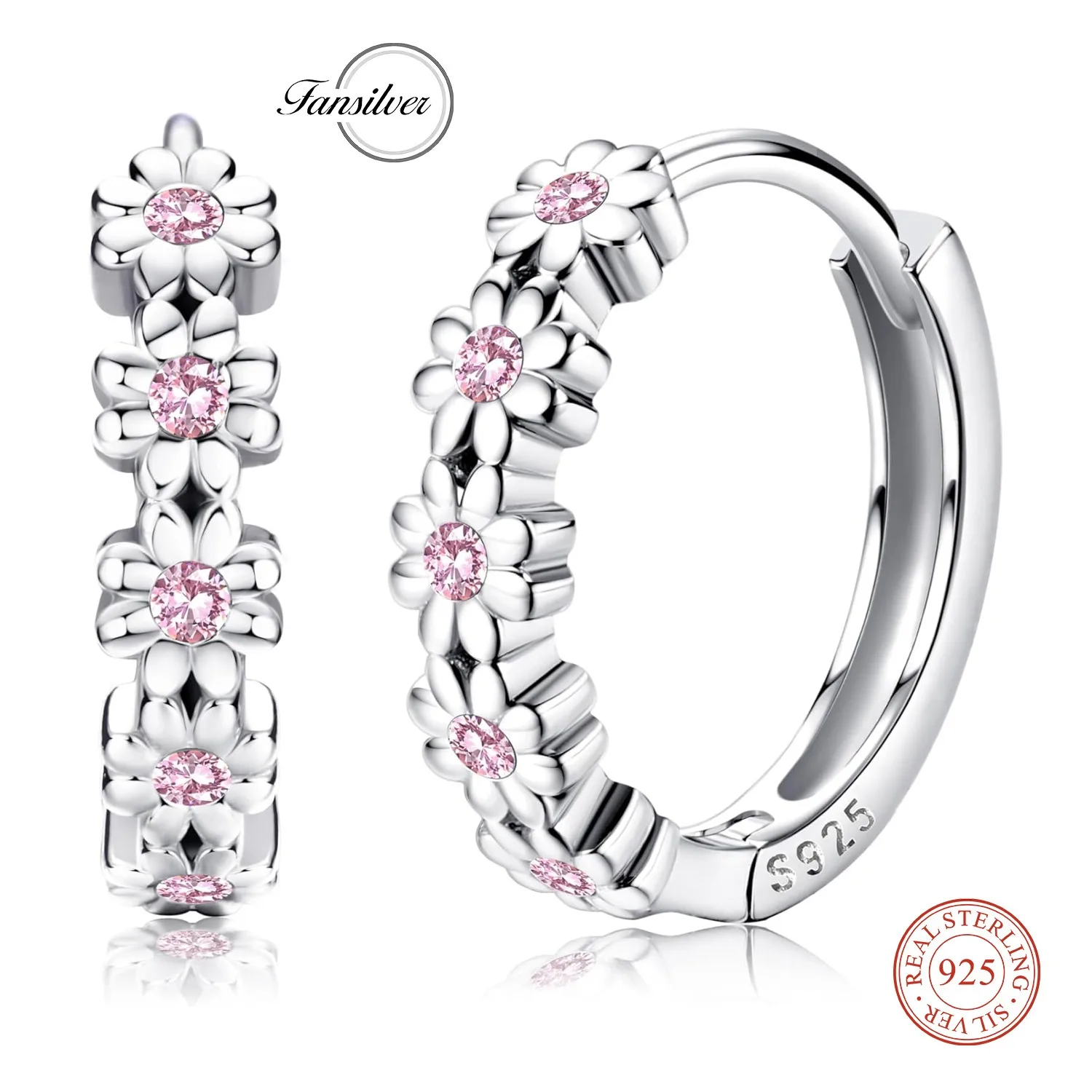 Fansilver 925 الاسترليني أقراط الحلقة الفضية للنساء ديزي هوجي هوب أقراط تمهيد الوردي مكعب زركونيا زهرة هيبوالرجينيك