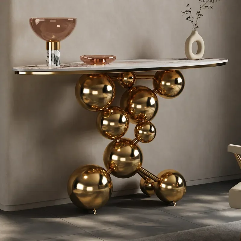 Modern Luxury Entrance Table with Rock Slab Top Simple High End Console Table for Villa Entryway Hallway Decorative End View