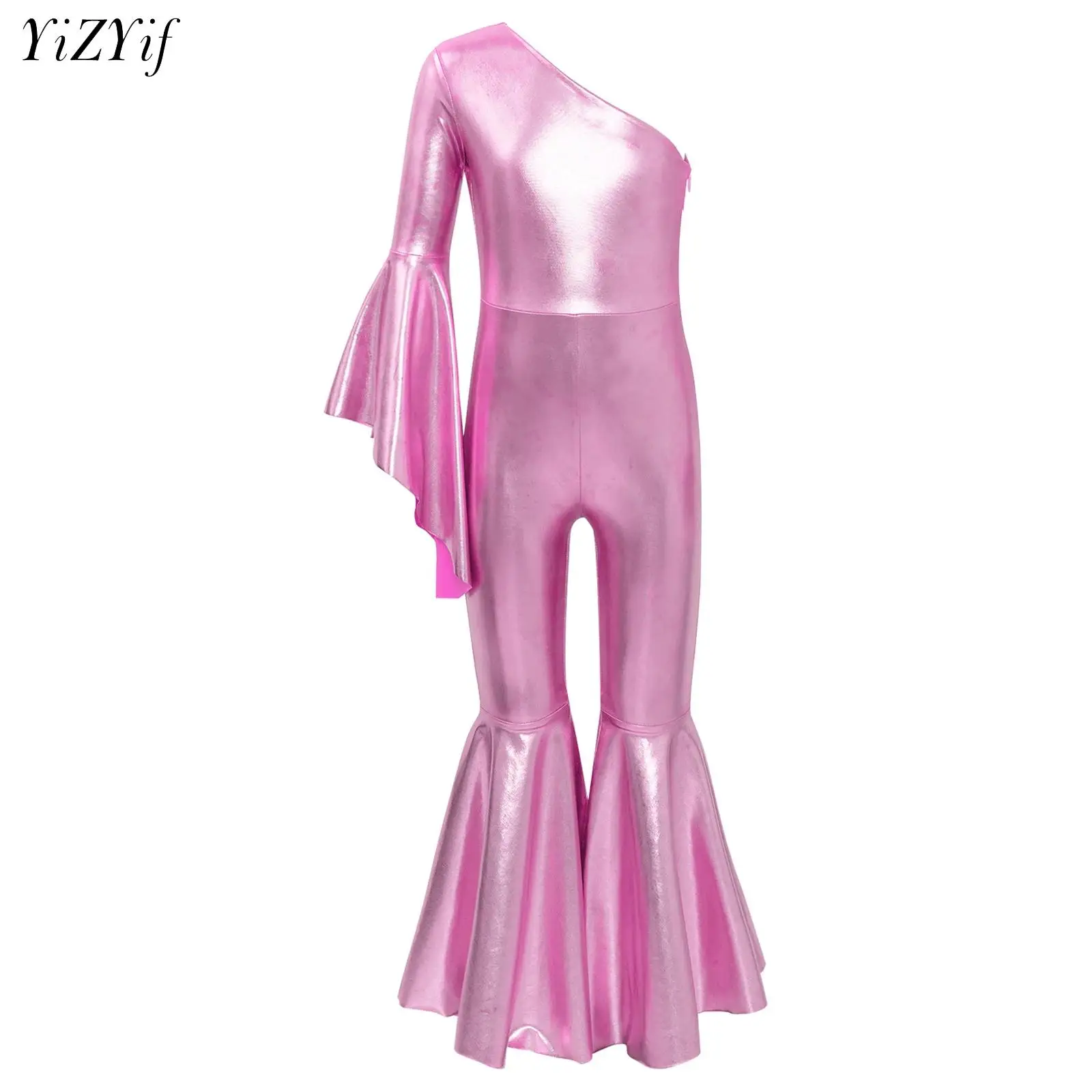 Kids Girls Metallic Shiny Bell-Bottom Dance Jumpsuit Party Performance Costume One Shoulder Sleeve Ballet Ballroom Dancewear