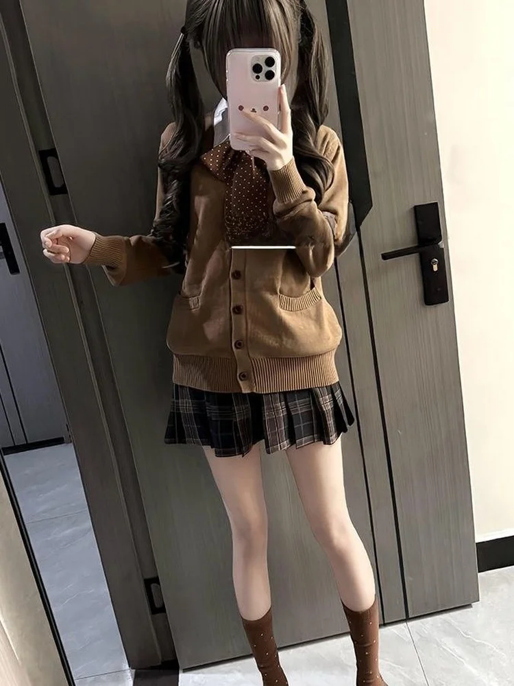 

Коричневый вязаный комплект JK orm, женский свитер, юбка, осенне-зимний комплект для колледжа Sle Faion, длинный свек стандартной посадки
