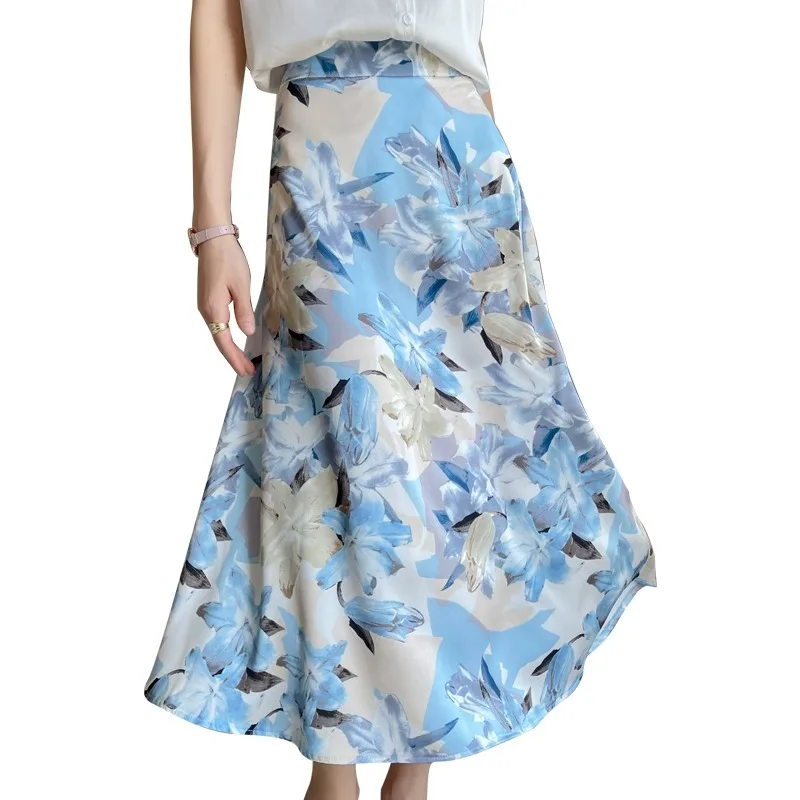 Zijde Acetaat Satijn Hoge Taille Afslanken Asymmetrische Fi Staart f Rok vrouwen Zomer Faion Pendelen Koreaanse Sle Lange Rok