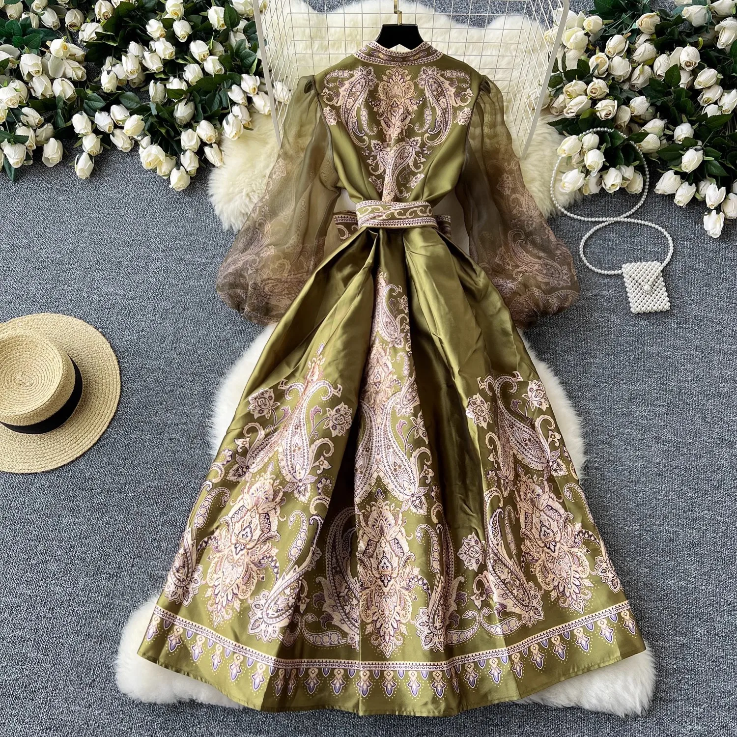 Retro Luxury Floral Print Dress Women Spring Autumn V Neck Long Sleeve Patchwork Long Dress With Belt Elegant Party Vestidos