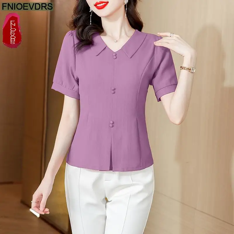 M-5XL 2024 Summer Cute Peplum Tops Women Basic Wear Office Lady Work Pink Green Red Elegant Button Shirts Blouses